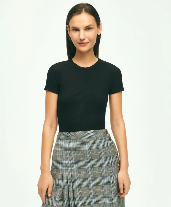 Women Short Sleeve Ribbed Jersey Crewneck Tee Black Brooks Brothers Blouses and Shirts