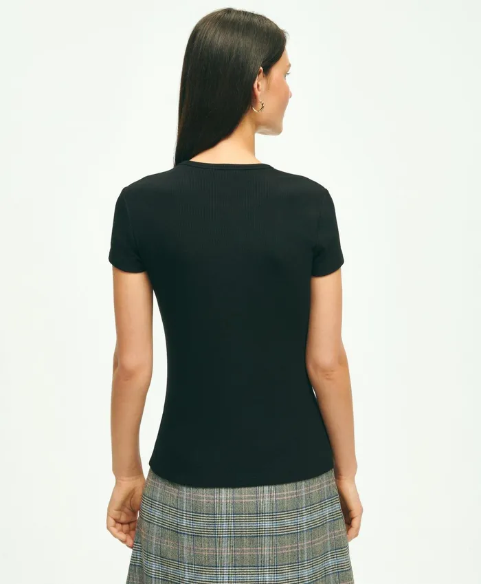 Women Short Sleeve Ribbed Jersey Crewneck Tee Black Brooks Brothers Blouses and Shirts