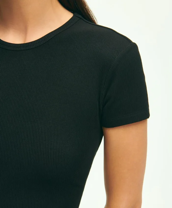 Women Short Sleeve Ribbed Jersey Crewneck Tee Black Brooks Brothers Blouses and Shirts
