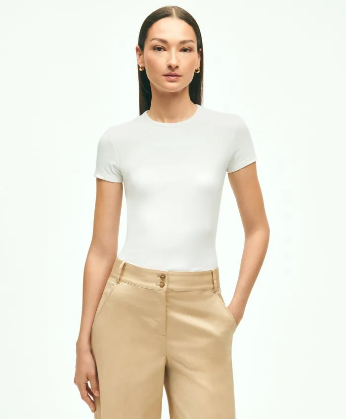 Women Short Sleeve Ribbed Jersey Crewneck Tee White Brooks Brothers Blouses and Shirts