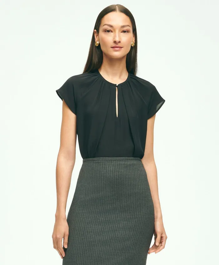 Women Short Sleeve Silk Georgette Blouse Black Brooks Brothers Blouses and Shirts