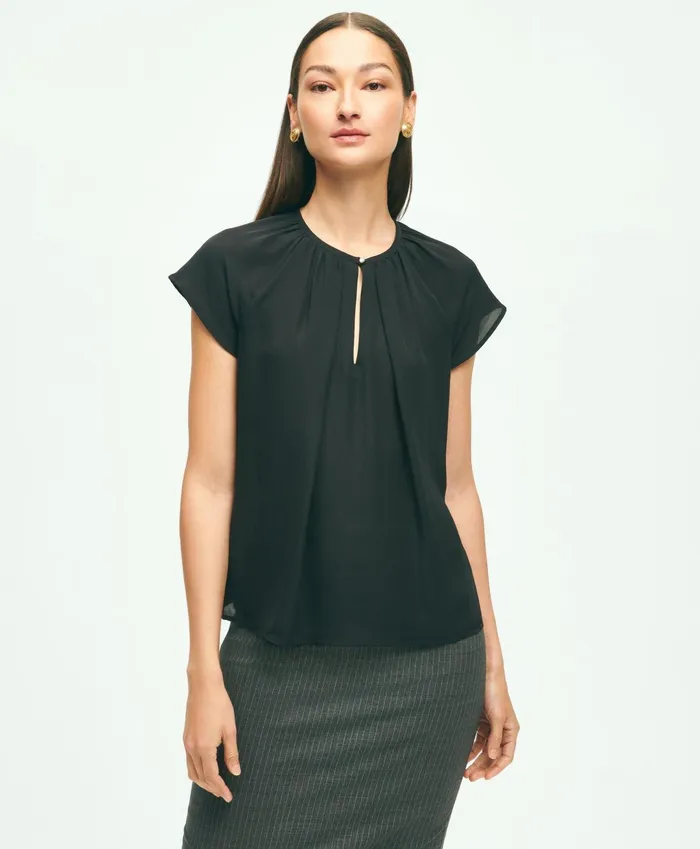 Women Short Sleeve Silk Georgette Blouse Black Brooks Brothers Blouses and Shirts