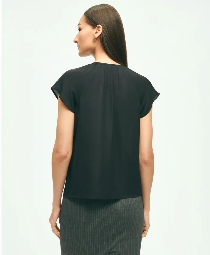 Women Short Sleeve Silk Georgette Blouse Black Brooks Brothers Blouses and Shirts