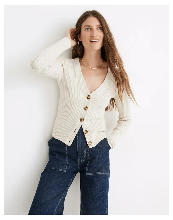 Women Shrunken Ribbed Cardigan Sweater Heather Linen Madewell Sweaters