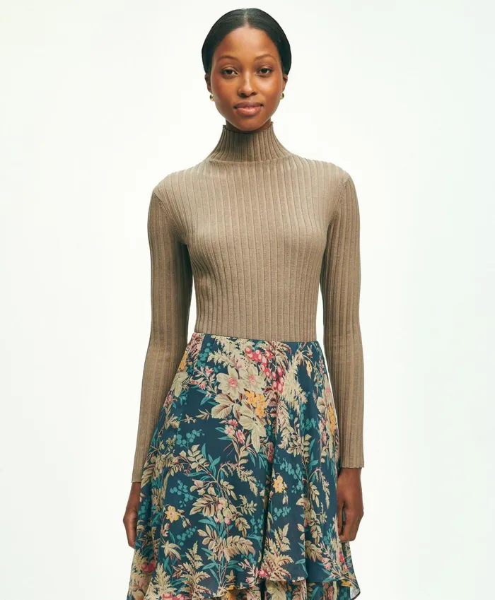 Women SilkBlend Mock Neck Ribbed Sweater Taupe Brooks Brothers Sweaters