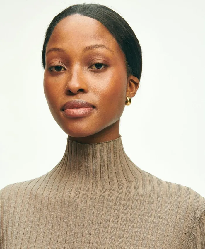 Women SilkBlend Mock Neck Ribbed Sweater Taupe Brooks Brothers Sweaters