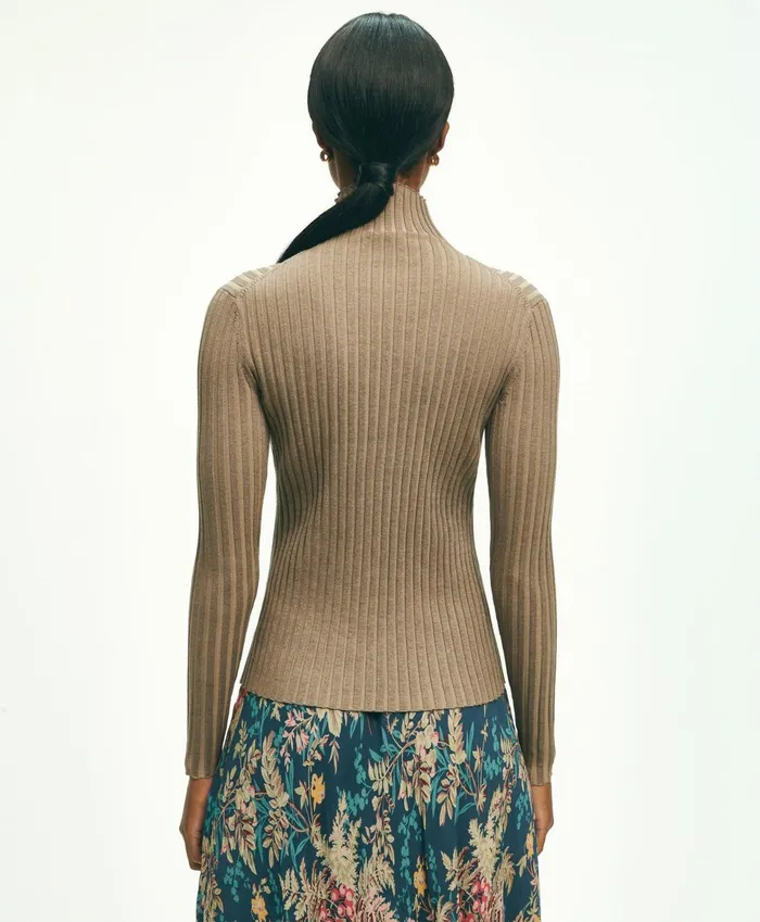 Women SilkBlend Mock Neck Ribbed Sweater Taupe Brooks Brothers Sweaters
