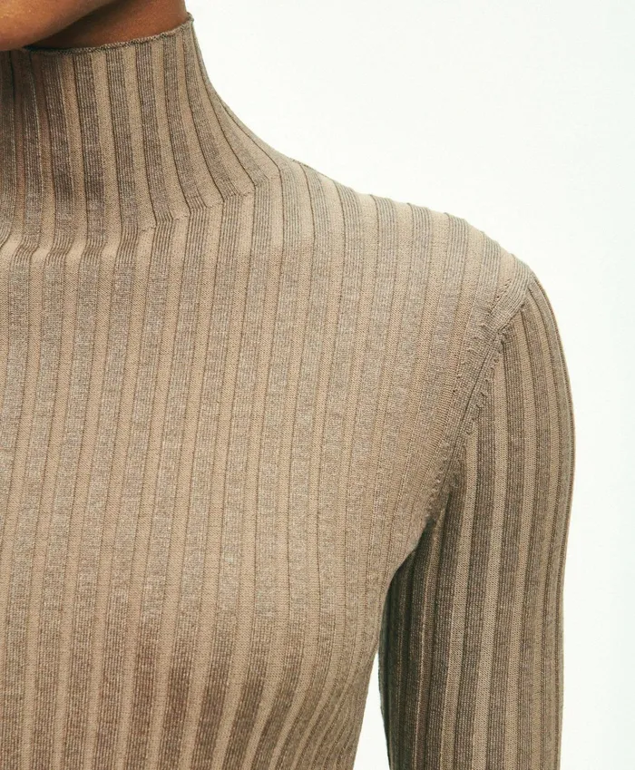 Women SilkBlend Mock Neck Ribbed Sweater Taupe Brooks Brothers Sweaters