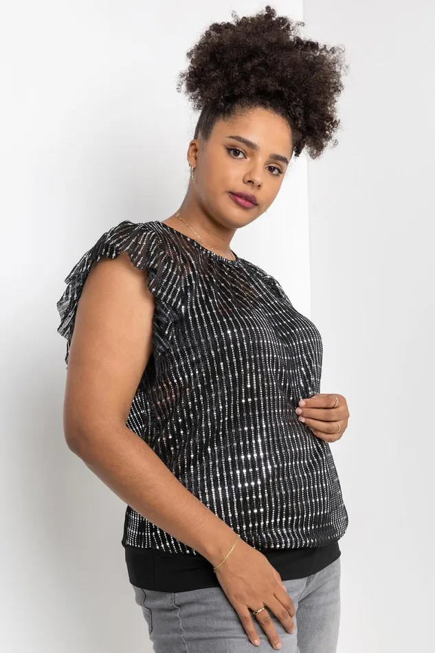 Women Silver Curve Frill Plisse Blouson Top Roman Tops