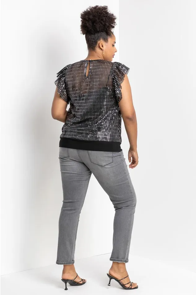 Women Silver Curve Frill Plisse Blouson Top Roman Tops