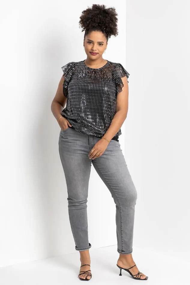 Women Silver Curve Frill Plisse Blouson Top Roman Tops