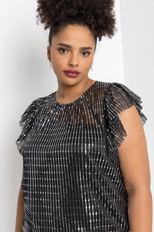 Women Silver Curve Frill Plisse Blouson Top Roman Tops