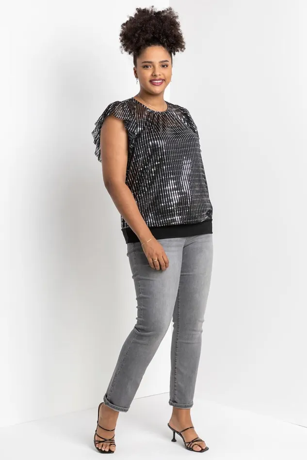 Women Silver Curve Frill Plisse Blouson Top Roman Tops