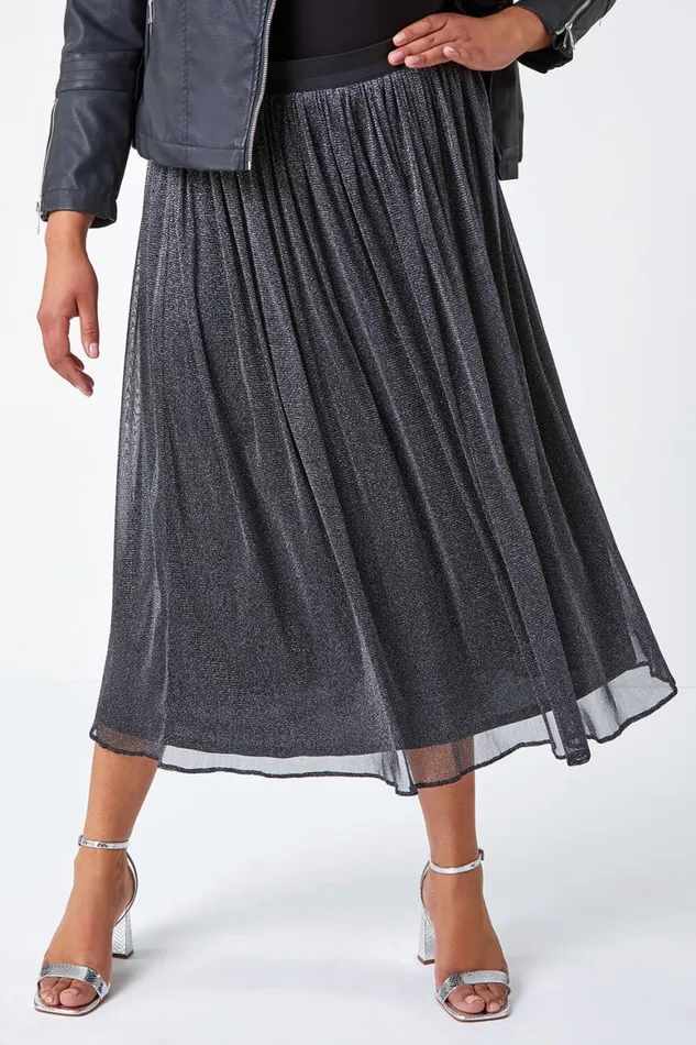 Women Silver Curve Glitter Mesh Stretch A Line Midi Skirt Roman Skirts