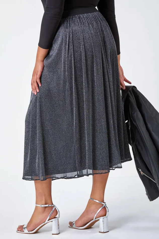 Women Silver Curve Glitter Mesh Stretch A Line Midi Skirt Roman Skirts