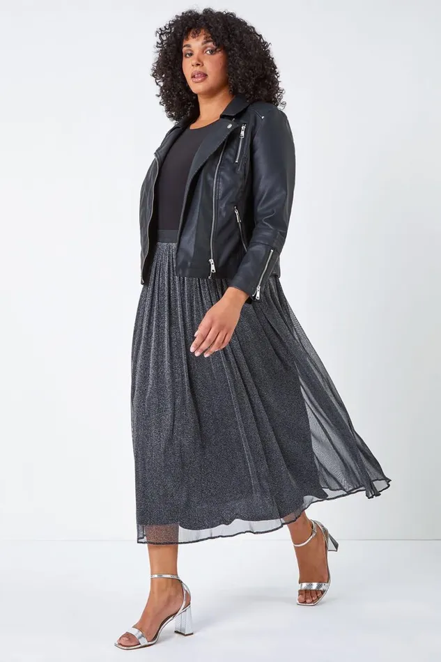 Women Silver Curve Glitter Mesh Stretch A Line Midi Skirt Roman Skirts