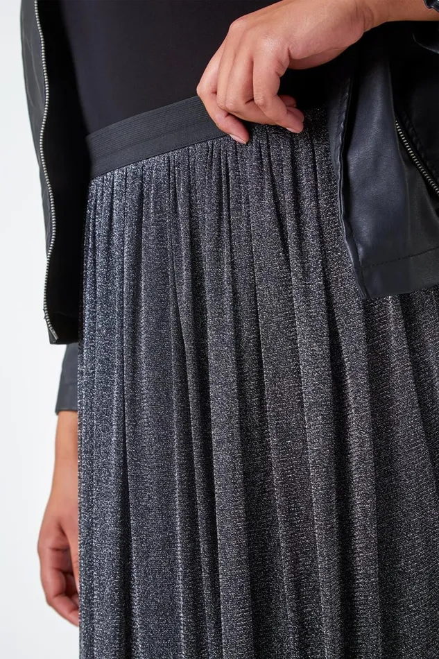 Women Silver Curve Glitter Mesh Stretch A Line Midi Skirt Roman Skirts