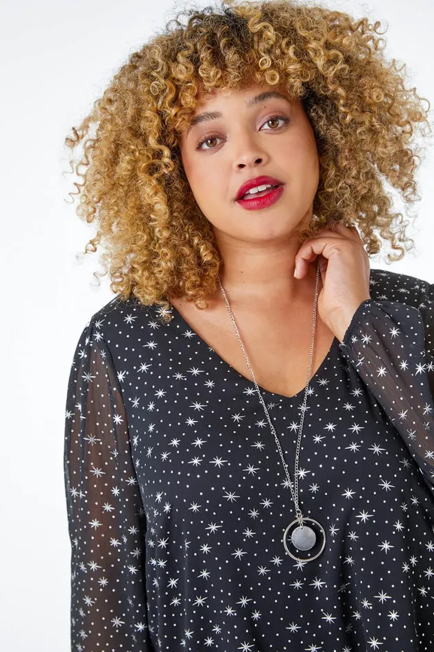 Women Silver Curve Metallic Star Necklace VNeck Chiffon Top Roman Tops