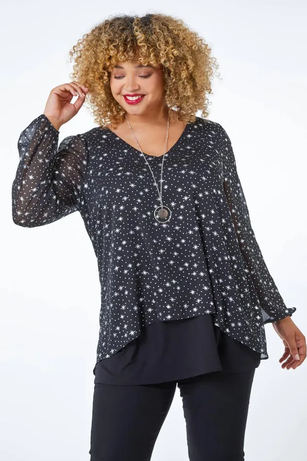 Women Silver Curve Metallic Star Necklace VNeck Chiffon Top Roman Tops