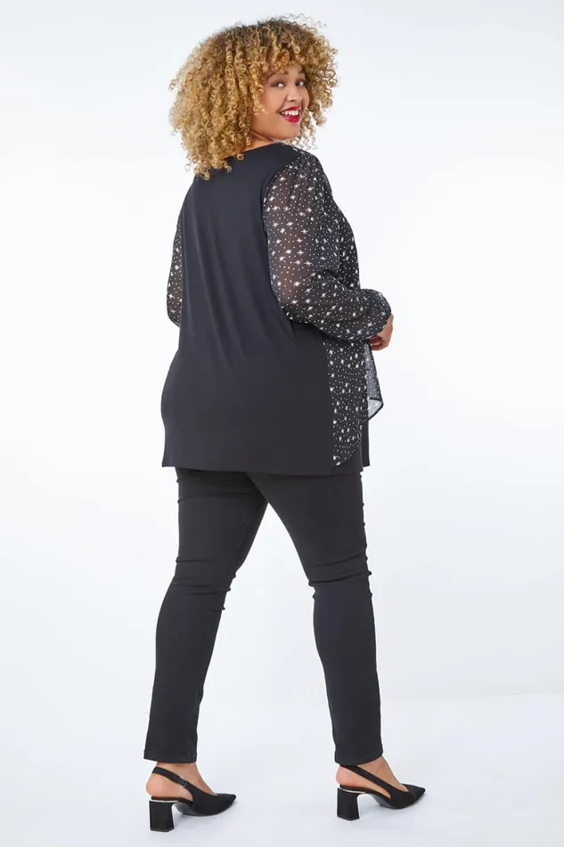 Women Silver Curve Metallic Star Necklace VNeck Chiffon Top Roman Tops