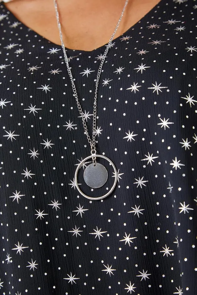 Women Silver Curve Metallic Star Necklace VNeck Chiffon Top Roman Tops
