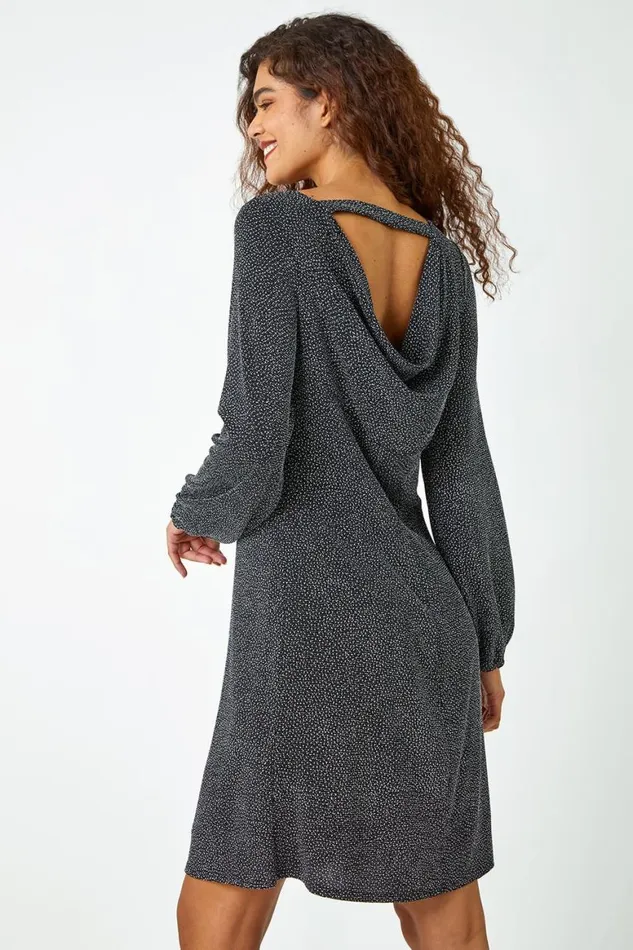 Women Silver Glitter Cowl Cutout Swing Stretch Dress Roman Dresses