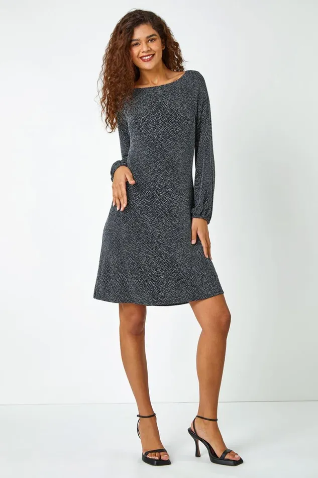 Women Silver Glitter Cowl Cutout Swing Stretch Dress Roman Dresses