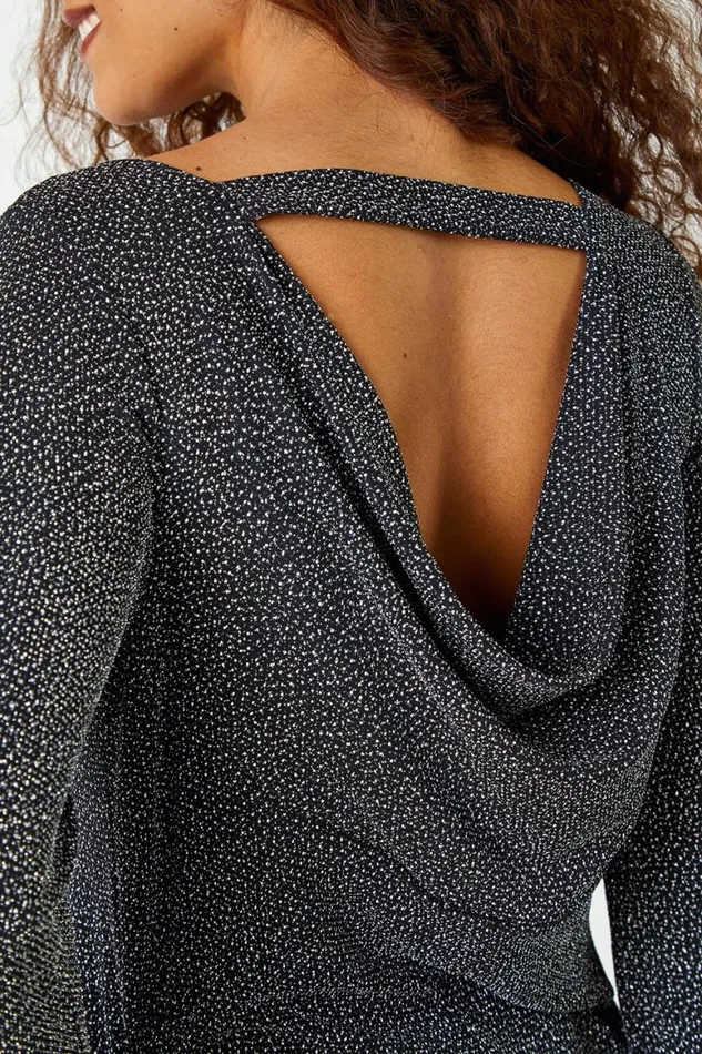 Women Silver Glitter Cowl Cutout Swing Stretch Dress Roman Dresses