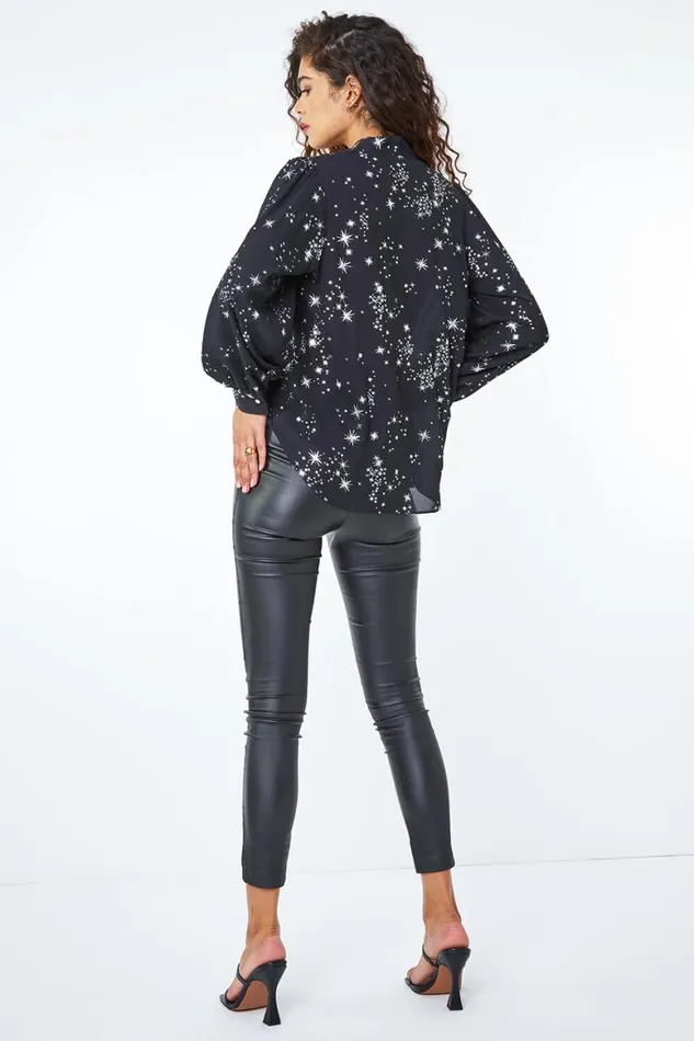 Women Silver Metallic Star Print VNeck Top Roman Tops