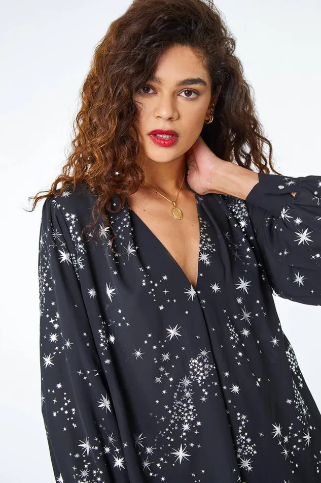 Women Silver Metallic Star Print VNeck Top Roman Tops