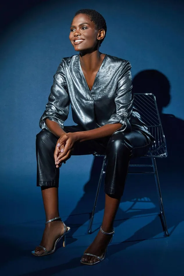 Women Silver Metallic VNeck Pleat Detail Overshirt Top Roman Tops