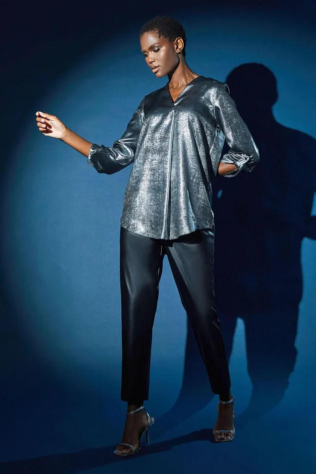 Women Silver Metallic VNeck Pleat Detail Overshirt Top Roman Tops