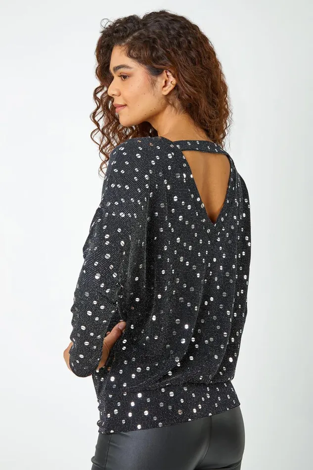 Women Silver Sequin Detail Blouson Stretch Top Roman Tops