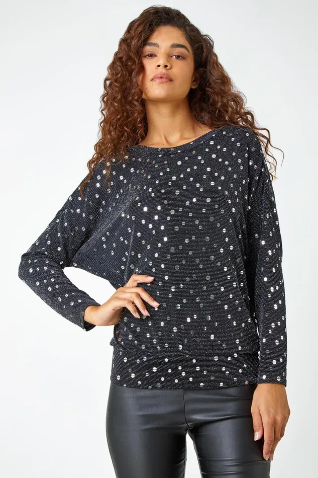 Women Silver Sequin Detail Blouson Stretch Top Roman Tops