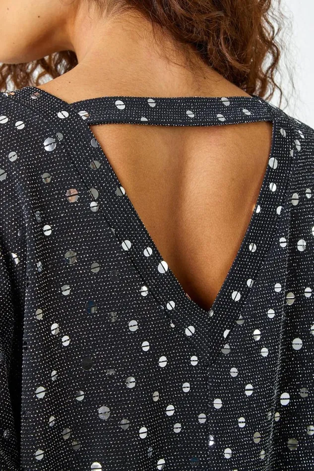 Women Silver Sequin Detail Blouson Stretch Top Roman Tops