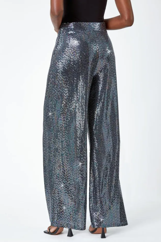 Women Silver Wide Leg Sequin Stretch Trousers Roman Trousers