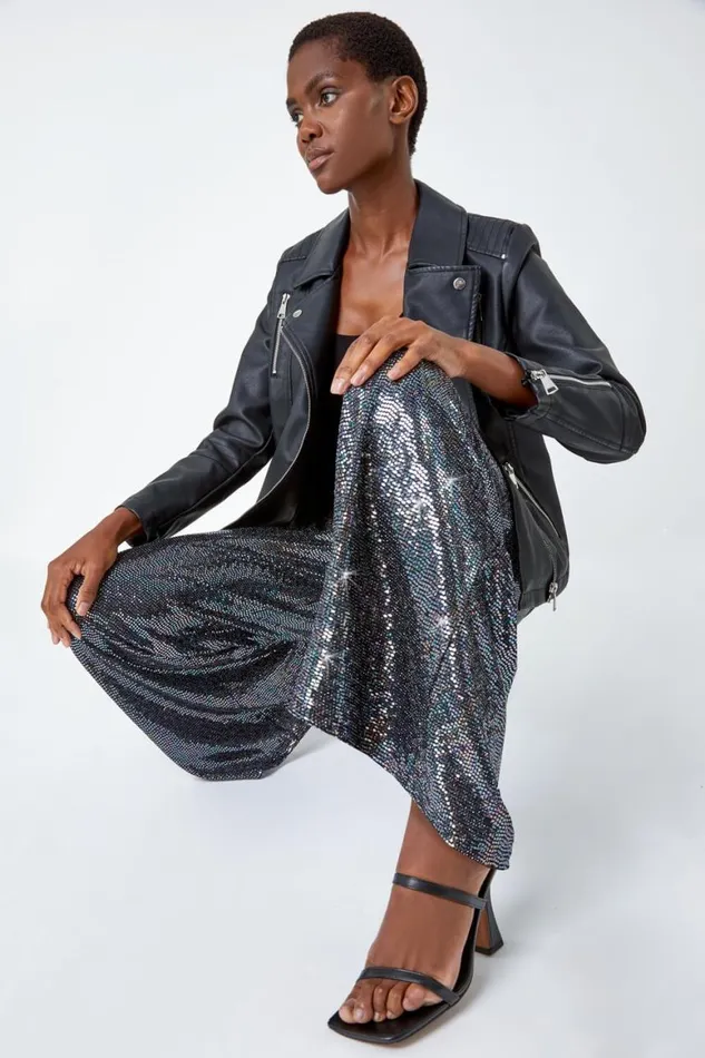Women Silver Wide Leg Sequin Stretch Trousers Roman Trousers