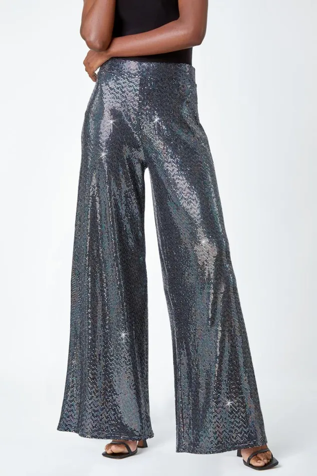 Women Silver Wide Leg Sequin Stretch Trousers Roman Trousers
