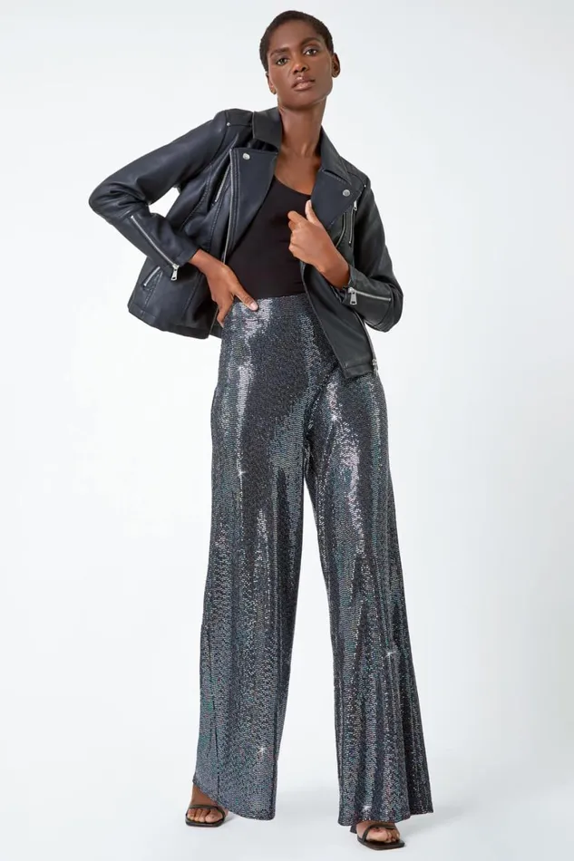 Women Silver Wide Leg Sequin Stretch Trousers Roman Trousers