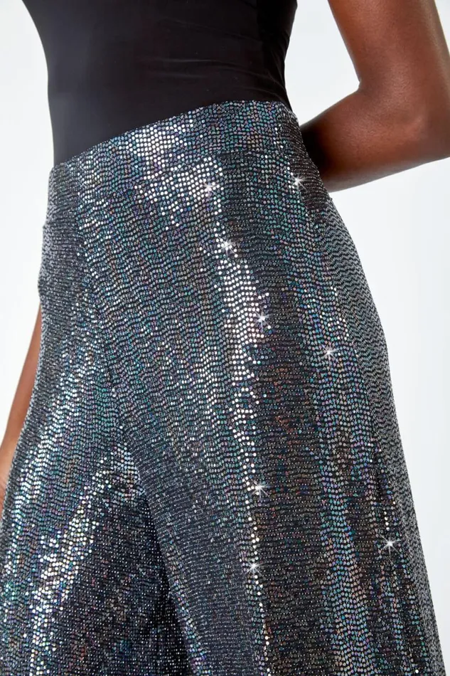 Women Silver Wide Leg Sequin Stretch Trousers Roman Trousers