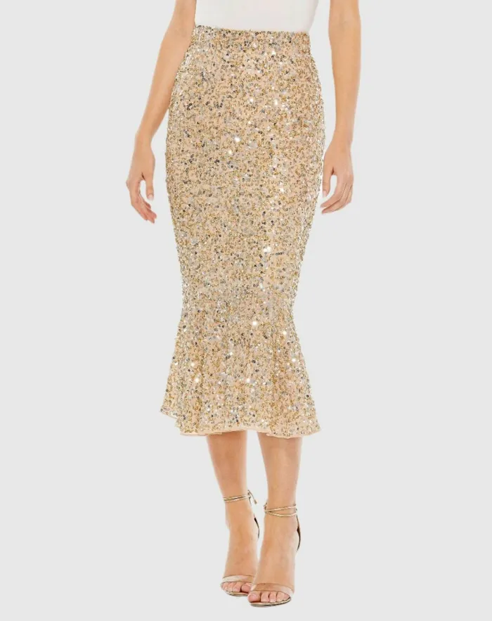 Women Skirts Mac Duggal Sequin Midi Mermaid Skirt Nude Gold