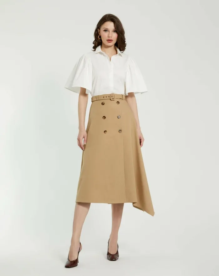 Women Skirts Mac Duggal Twill Midi Skirt With Buttons Taupe