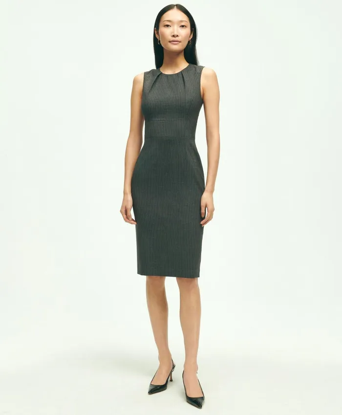 Women Sleeveless Stretch Wool Pinstripe Sheath Dress Grey Brooks Brothers Dresses