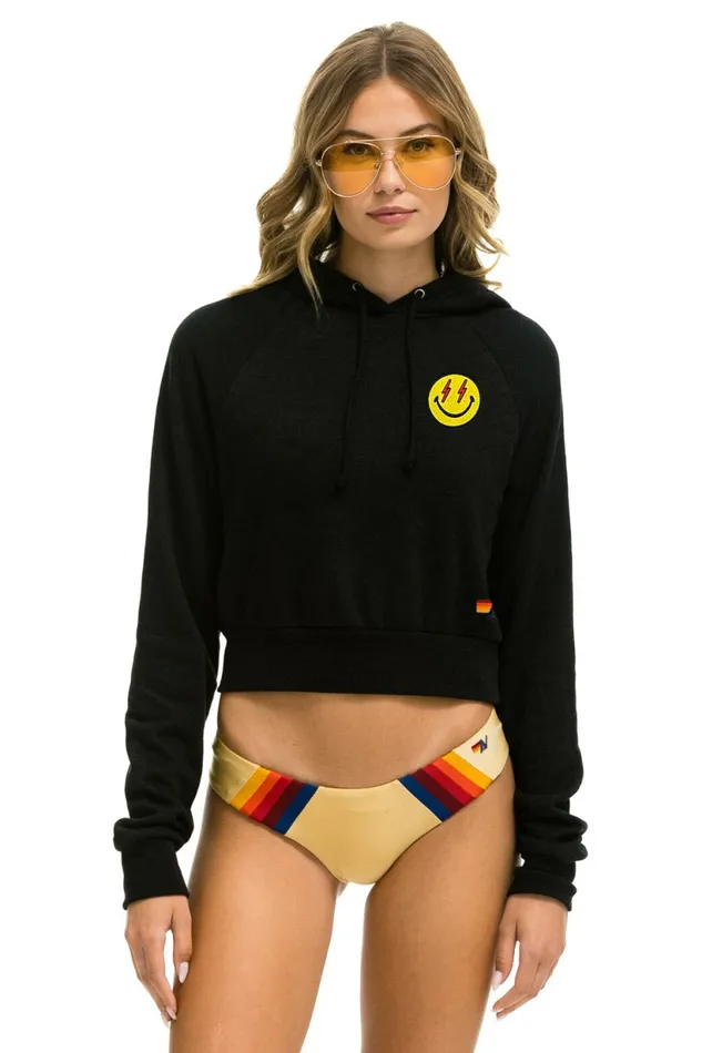 Women SMILEY BOLT EYES CROPPED HOODIE 8211 BLACK Aviator Nation Hoodies