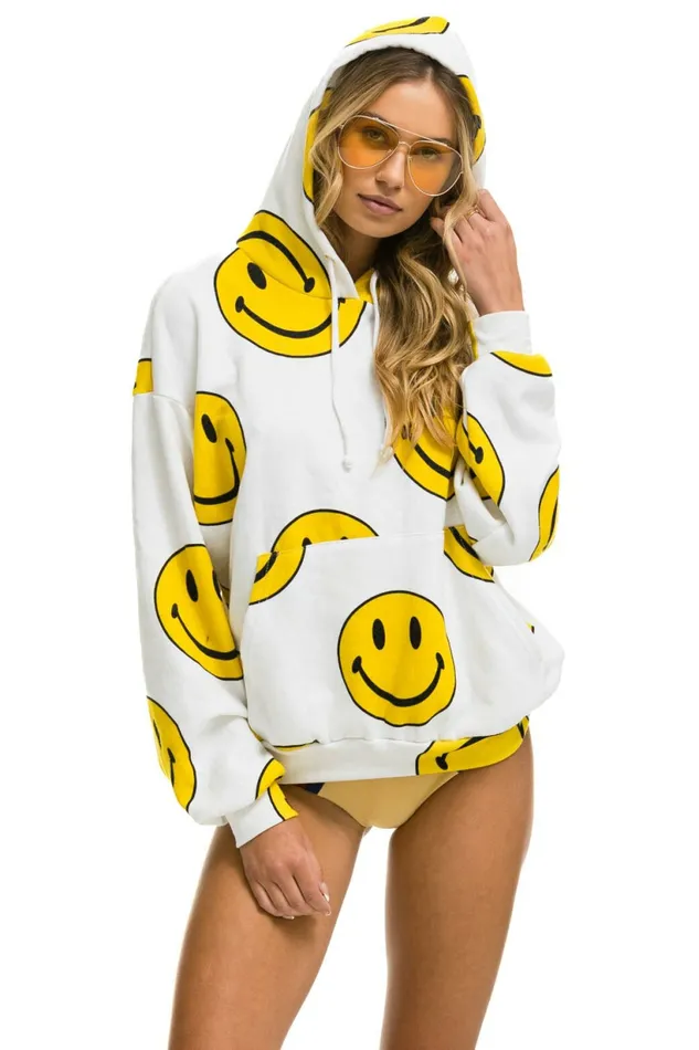Women SMILEY REPEAT RELAXED PULLOVER HOODIE 8211 WHITE Aviator Nation Hoodies