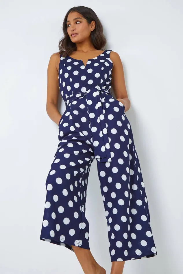 Women Spot Print Belted Jumpsuit Roman Dresses