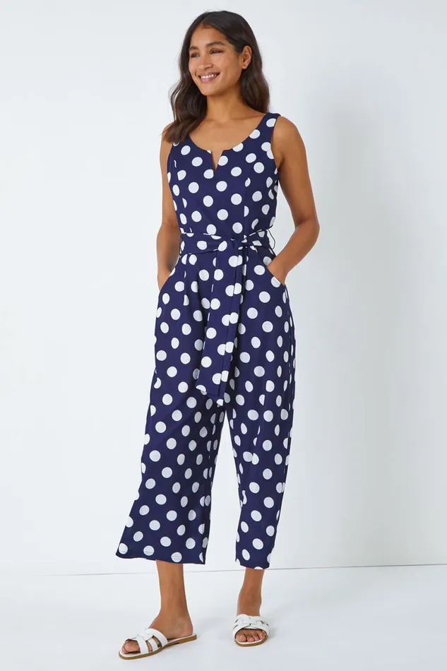 Women Spot Print Belted Jumpsuit Roman Dresses