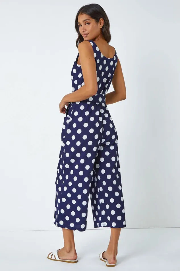 Women Spot Print Belted Jumpsuit Roman Dresses