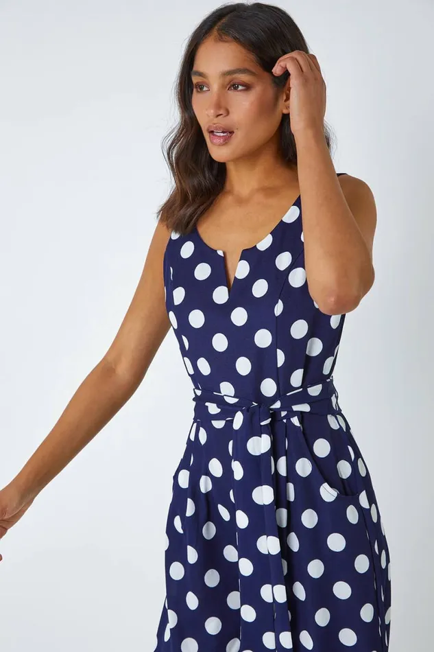 Women Spot Print Belted Jumpsuit Roman Dresses