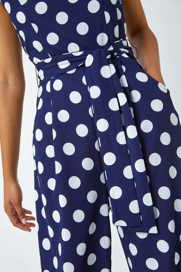Women Spot Print Belted Jumpsuit Roman Dresses